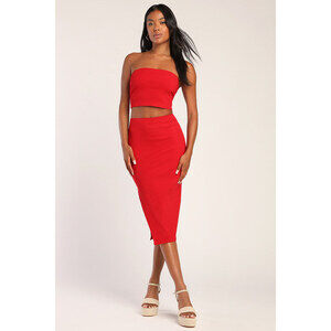 NWT Lulus Twice The Spice Red Ribbed Knit Strapless Bodycon Midi Dress - LARGE